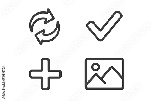 Web UI icon collection with refresh arrows, checkmark, plus button, and picture symbol. Line art set for website, app interface. Editable stroke vector illustration.