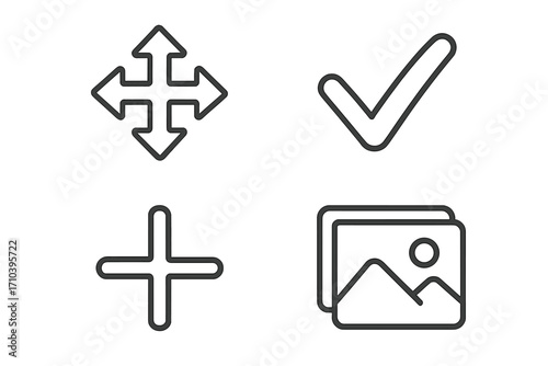Essential user interface icon set with move tool, checkmark, plus button, and image gallery. Simple thin line vector graphics with editable stroke for web and mobile apps.
