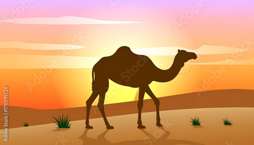 A silhouette of a camel gracefully ambles across a desert landscape during a warm sunset.