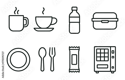 Kitchen utensils and snack icons: coffee mug, water bottle, lunch box, vending machine