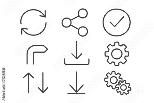 Set of universal line icons for web and mobile apps. Vector collection of share, download, refresh, settings, and checkmark symbols. Editable stroke for UI UX design.
