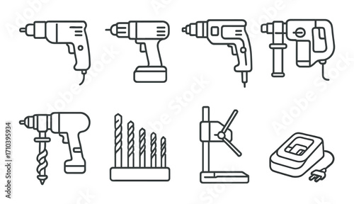 Outline of various drills and accessories on dark background
