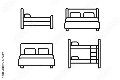 Bed icon set for UI design and web. Includes single, double, and bunk beds. Line art furniture symbols for sleep, rest, hotel, and bedroom. Editable stroke vector illustration.