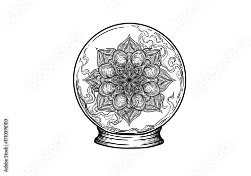 Intricate mandala art design within a crystal ball, evoking mystery and spiritual insight, perfect for creative projects, tarot, and meditation