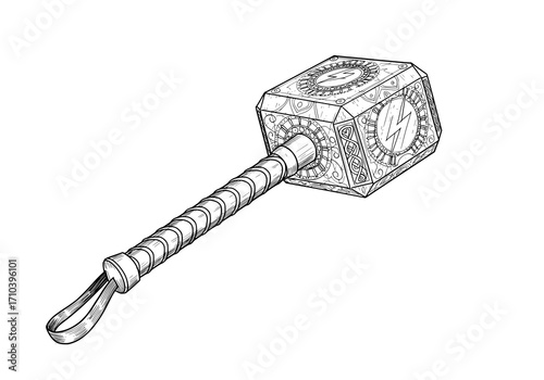 Intricately detailed Mjolnir hammer illustration, a powerful symbol of strength, courage, and heroic mythology, perfect for graphic design