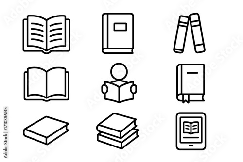 Book icon set. Simple line art for reading, library, and education concepts. Includes e-book, reader, and textbook symbols. Thin outline vector pack for web, app, and UI design.