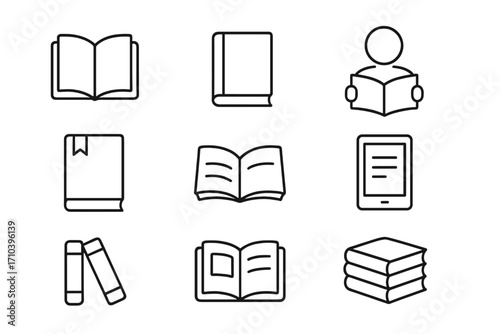 Book reading and education thin line icon set. Vector symbols of library, learning, and literature. Includes open book, student, ebook, and textbook for web and app design.