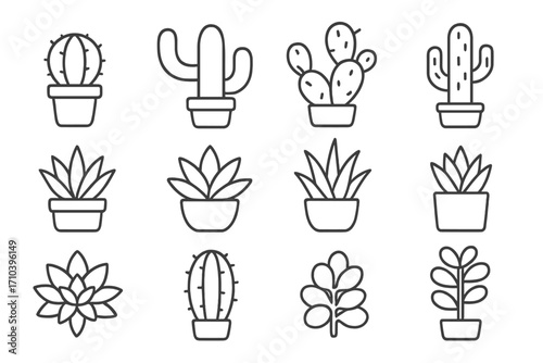 Cactus and succulent icon set. Simple line art collection of potted house plants. Minimalist desert plant & botanical outline symbols. Vector illustration for web, logo, app.