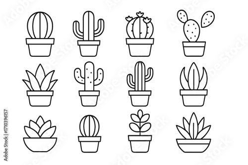 Cactus and succulent line icon set. Collection of simple outline vector illustrations of desert plants in pots. Minimalist linear graphic design elements with editable stroke.