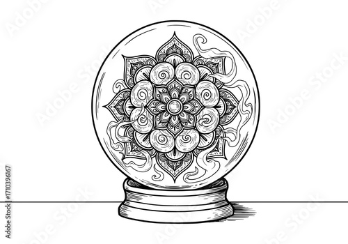 Intricate mandala design within a crystal ball, offering a sense of mystery, spirituality, and fortune-telling, perfect for introspective projects