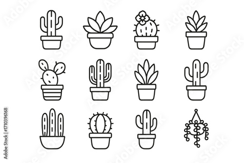 Cactus and succulent icon collection. Thin line art set of various potted houseplants. Vector illustration with editable stroke for web, apps, or print. Minimalist desert plant symbols.