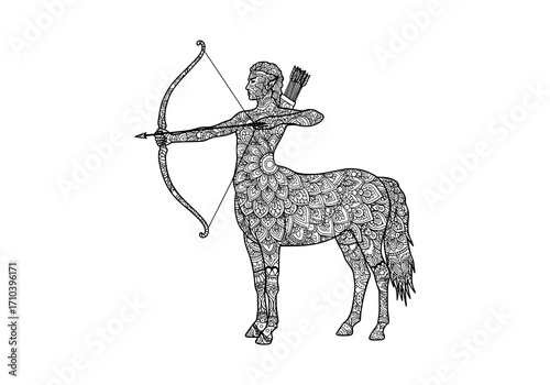 Detailed Zentangle art of Sagittarius, a mythical Centaur with a bow and arrow, perfect for creative design, astrology, and tattoo concepts