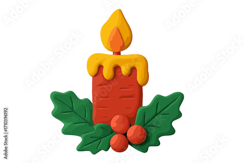 Christmas candle claymation. Xmas holiday decoration. Festive winter symbol. Naive childish style plasticine art. Holly berry light. Isolated 3d vector render. Cute cartoon toy.