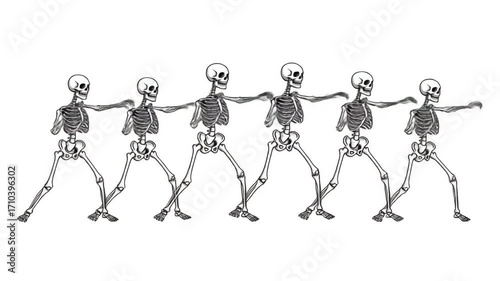Animated Skeletons Dancing Playfully Against White Background with Dynamic Movements