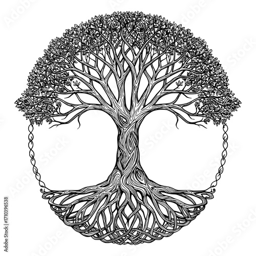 Intricate tree of life illustration symbolizing growth, connection, and harmony, perfect for spiritual design, logo creation, or tattoo inspiration