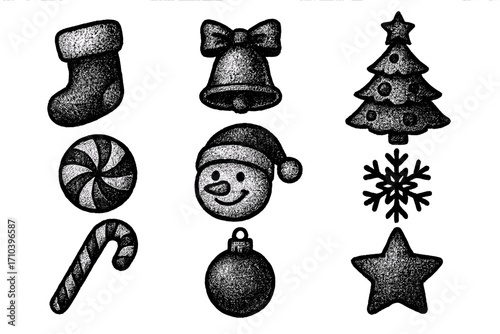 Christmas icons set in retro stippling style. Vector collection of holiday symbols like snowman, tree, candy cane, bell, star. Monochrome dotwork graphic elements design.