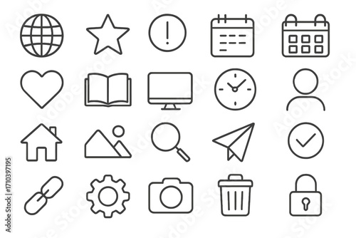 Universal web icons set. Thin line style pictogram collection for website and mobile app. Simple user interface (UI) and user experience (UX) signs. Editable stroke. Vector