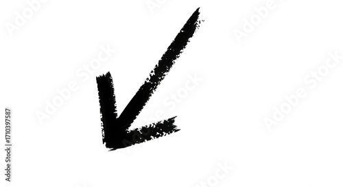 Hand drawn black arrow pointing down isolated on transparent background the arrow is made with a thick marker and has a rough, textured appearance it is pointing to the lower left corner of the frame,