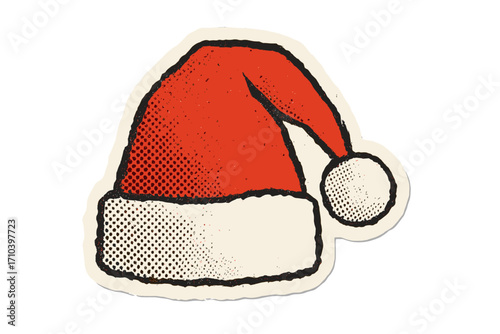 Santa hat Christmas halftone collage torn out paper sticker. Cut out of magazine shape, clipping scrap of paper. Xmas retro vector illustration. Holiday festive icon design.