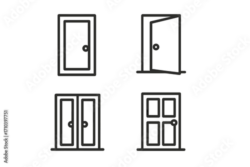 Door thin line icon set. Open, closed, double door symbols. Editable stroke. Entrance, exit, doorway concepts. Vector illustration for web, apps, graphic design, home, house.