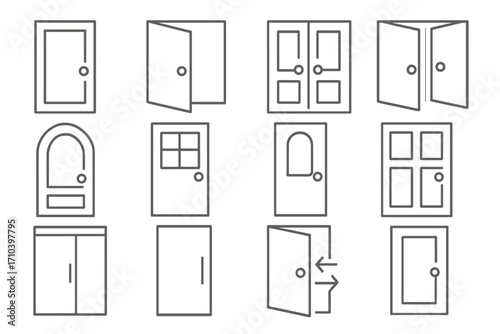 Door line icon set. Entrance, exit, open, close concepts. Vector outline pictogram collection for UI, web design. Architecture graphic element. Editable stroke symbol pack.
