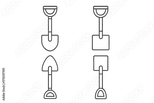 Shovel and spade line icon set. Vector collection of garden and construction tools. Simple outline pictograms for digging, excavation, and groundwork. Editable stroke symbols.