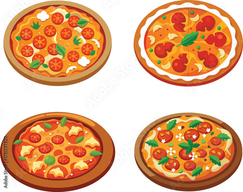 Four differently topped cartoon pizzas with tomato and basil accents isolated