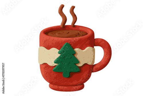 Christmas mug hot chocolate claymation style. Red cup with steaming cocoa and a fir tree. Festive winter holiday drink. Handmade plasticine 3D illustration. Cozy beverage.