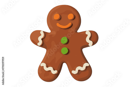 Gingerbread man cookie in cute, childish plasticine style. Isolated 3D clay toy for Christmas. Festive holiday biscuit decoration. Sweet winter dessert character concept.