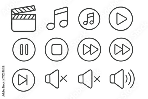 Media player icon bundle with editable stroke, linear design for web, app, UI, multimedia controls, clapperboard, musical note, sound, volume, play, pause, stop, forward, mute