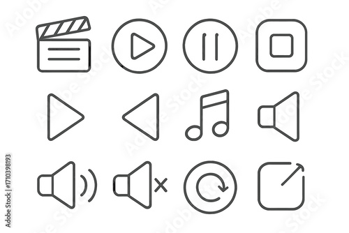 Modern Media Player Line Icon Set for Design, UI, Apps, Websites, Cards, Vector Graphics, Includes Clapperboard, Play, Pause, Stop, Music Note, Volume, Refresh, Share Icons