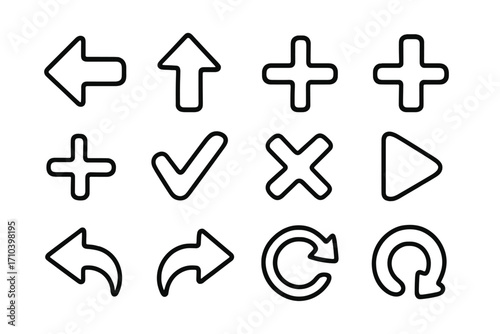 Minimalistic linear interface icons set with arrows, plus, check mark, cross, play, and refresh symbols for app, web design, UI, card, and post design vector