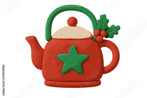 Christmas teapot with green star and mistletoe decoration, festive clay art, naive childish style, plasticine toy illustration with transparent background, holiday vector cartoon