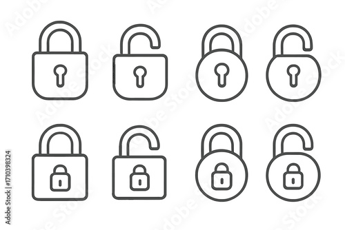 Editable padlock and lock icon set with open and closed designs, security symbols for websites, apps, books, cards, vector cartoon illustration, transparent background, ordered set