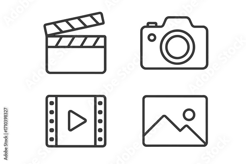 Minimalistic line icon set of clapperboard, photo camera, movie film, and picture frame. Editable stroke, linear pictograms for design, apps, banners, posts, vector graphics.
