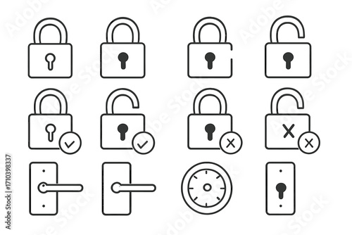 Set of padlock and lock icons, editable stroke vector illustration, thin line security symbols for websites, apps, books, cards, digital access control, safety concept