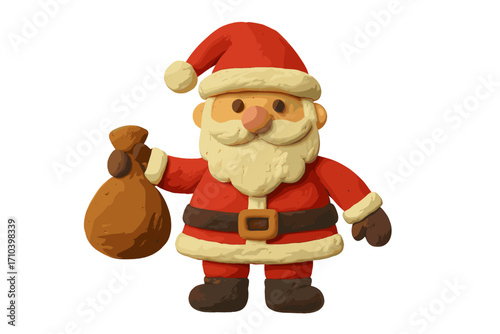 Cute Santa Claus holding gift sack. Christmas clay figure in naive childish style. Isolated plasticine toy illustration. Festive holiday character vector cartoon with transparent background.