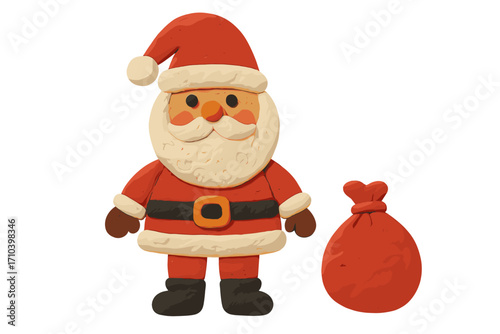 Cute Santa Claus with Gift Bag Christmas Clay Figure in Naive Childish Style, Plasticine Toy Illustration, Festive Holiday Character, Isolated Vector Cartoon Design