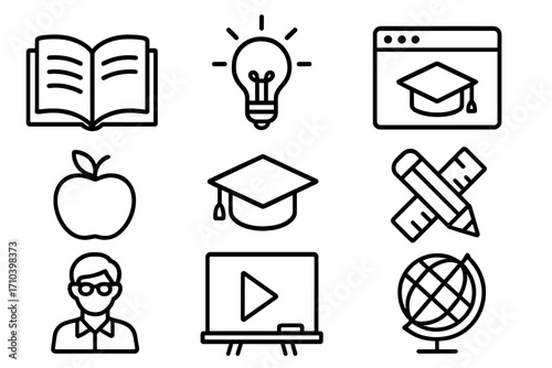 Education and Learning Icons Set. Editable Stroke Vectors with Book, Apple, Graduation Cap, Teacher, Globe, and Light Bulb Symbols. Ideal for Web, Apps, Cards, and Online Courses