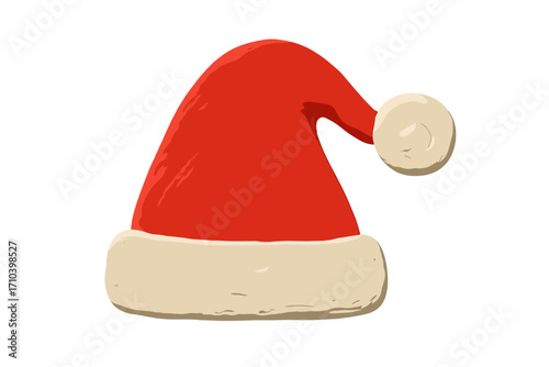 Santa Claus Christmas clay element in naive childish style, isolated plasticine Santa hat toy, red and white winter holiday vector illustration with transparent background