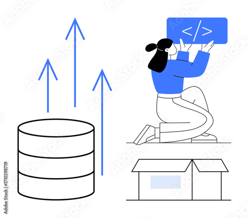 Programmer holding code snippet near database icon and box with upward growth arrows. Ideal for tech innovation, software development, programming education, database management, cloud computing, web