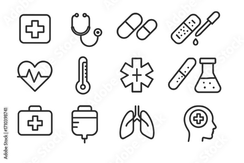 Medicine and healthcare line icons set, editable stroke vector graphics for web, apps, and cards, featuring medical cross, pills, stethoscope, organs, thermometer, first aid, and laboratory symbols