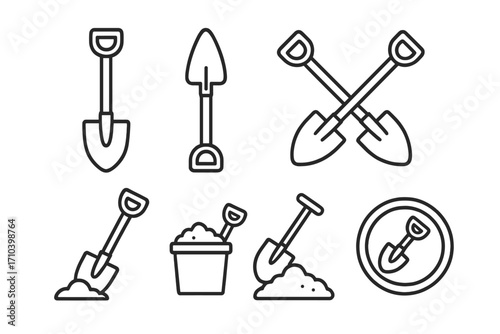 Shovel bundle thin line icons set, editable stroke vector illustration for web design, apps, books, cards, transparent background, gardening tools, digging concepts