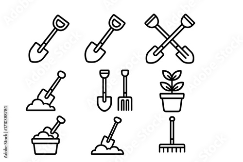 Gardening shovel bundle thin line icons set with editable stroke for websites books cards apps vector cartoon illustration transparent background ordered tools collection