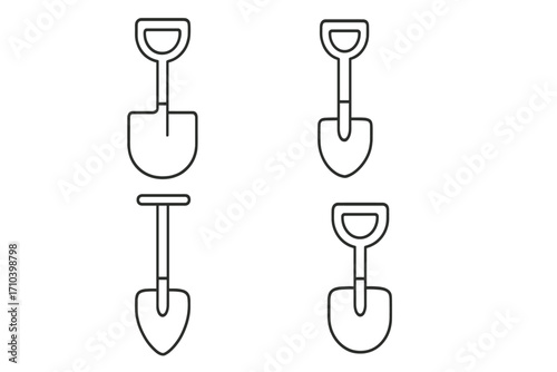 Set of Thin Line Shovel Icons, Editable Stroke, Vector Cartoon Illustrations, Suitable for Websites, Books, Cards, Apps, Transparent Background, Gardening Tools Collection