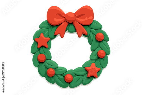Christmas wreath with red bow and stars, green leaves, festive holiday decoration in naive childish clay style, plasticine toy illustration, isolated vector element for winter celebration