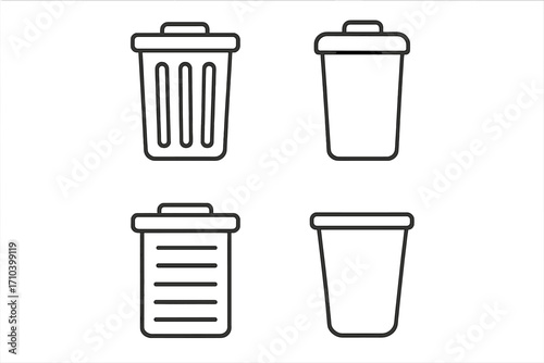 Thin line trash can icons collection, editable stroke, suitable for websites, books, cards, apps, vector cartoon illustration, transparent background, ordered set of 4 unique design icons