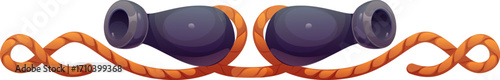 Cartoon marine and nautical divider, pirate and corsair border frame, piracy decoration featuring two black cannons tied with coiled orange ropes. Isolated vector maritime rover decorative element
