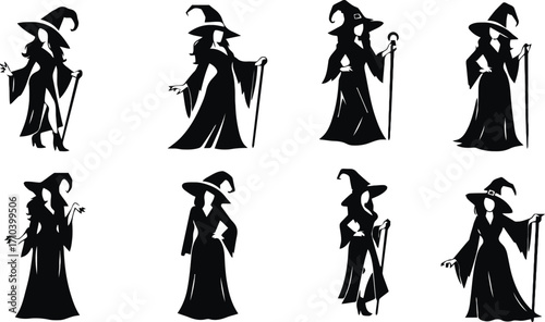Collection of witch silhouettes isolated on white background for decoration
Collection of witch silhouettes in different poses isolated on white background.