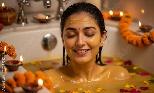 Beautiful woman applying ubtan bath for natural radiant Diwali glow